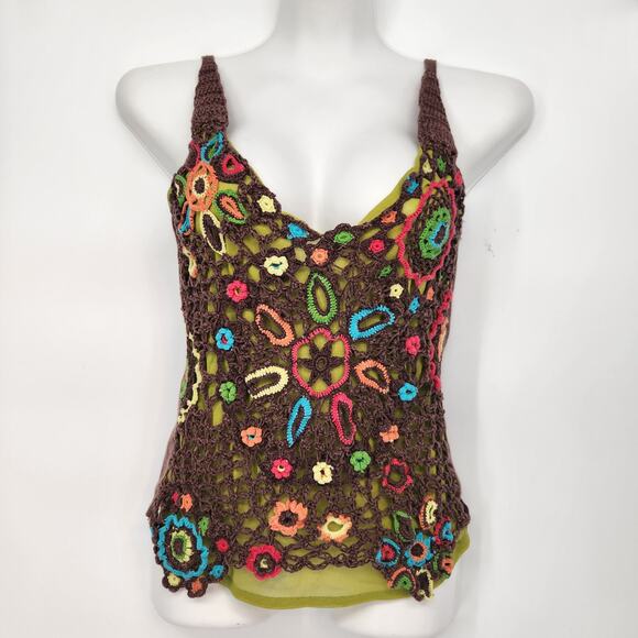 Y2K Cartise Brown Chartreuse Boho Hippie Crochet Floral Vtg Women's Tank Top M - Picture 1 of 7
